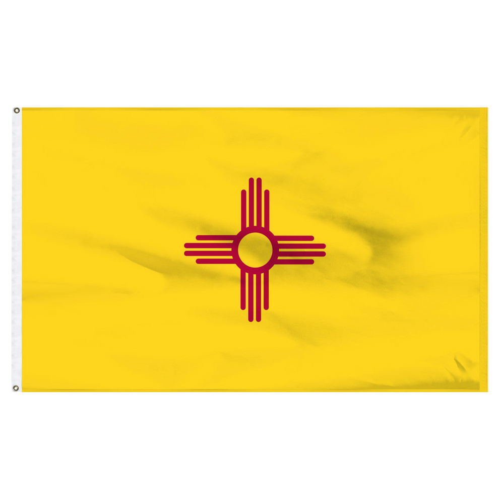 New Mexico state flag with a red symbol on a yellow background
