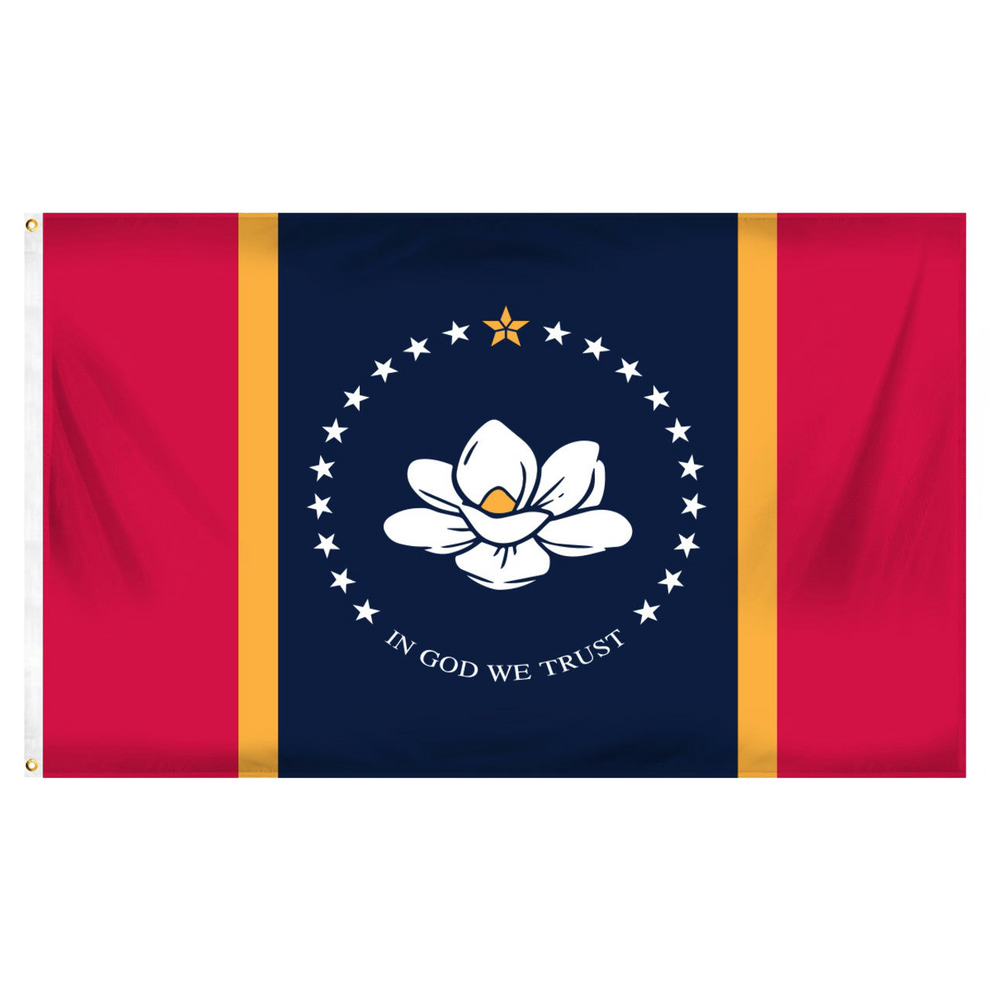 Mississippi flag with a central design featuring a flower and 'In God We Trust' text, flanked by red and gold stripes on a blue background.