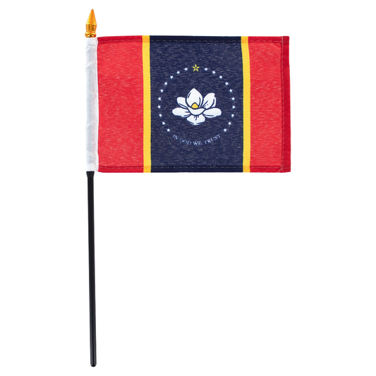 Small Mississippi flag with a central emblem on a white background