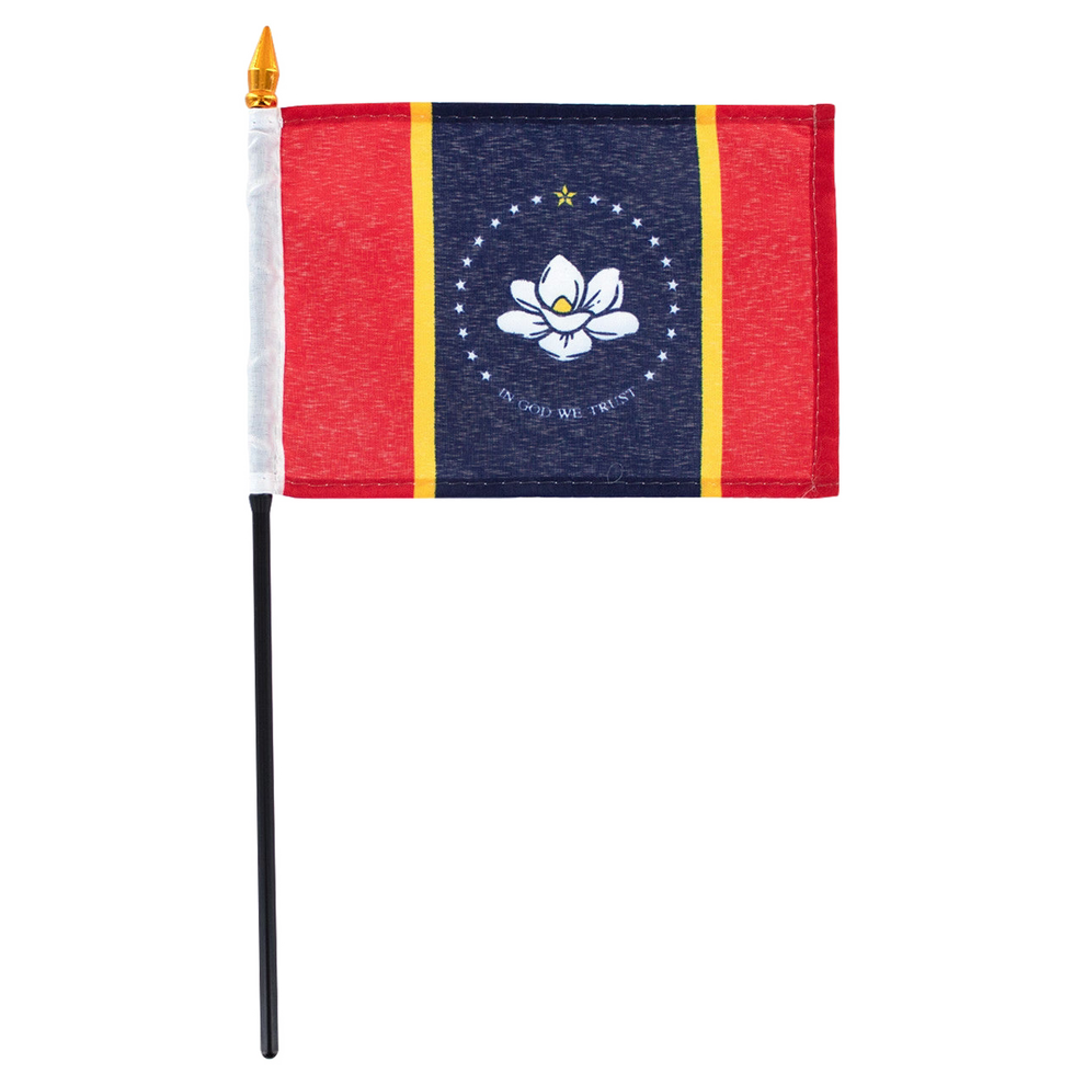 Small Mississippi flag with a central emblem on a white background