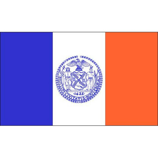 New York city flag with blue, white, and orange sections featuring a central emblem.