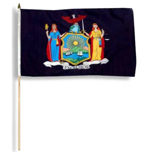 New York state flag with a coat of arms and 'Excelsior' text on a blue background