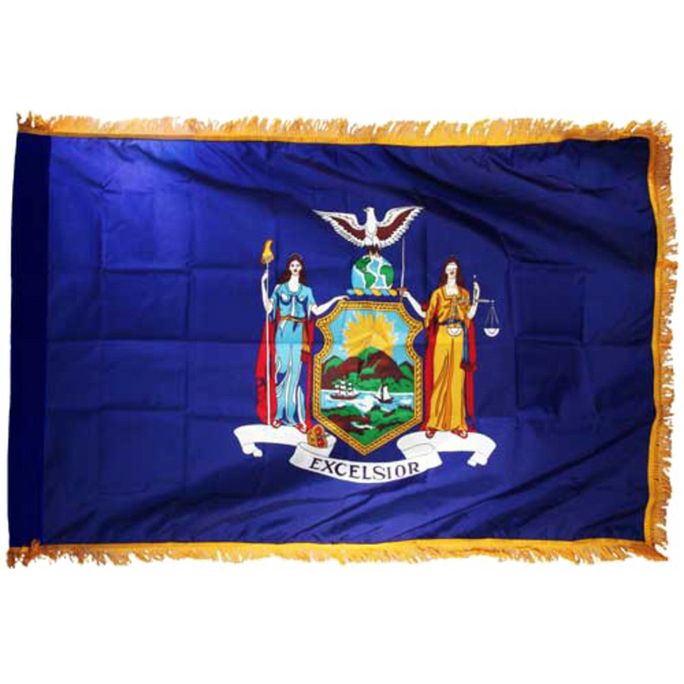 New York state flag with a central emblem featuring two figures and the word 'Excelsior' on a blue background.