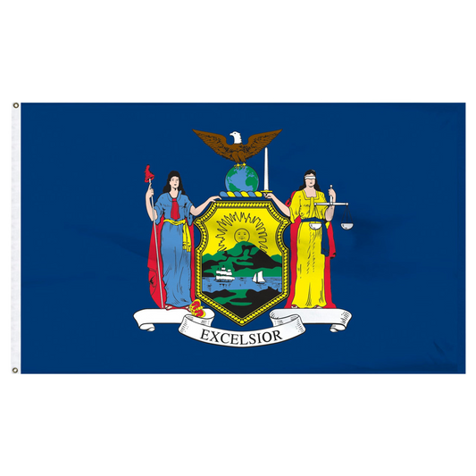 New York state flag with a coat of arms and 'Excelsior' text on a blue background