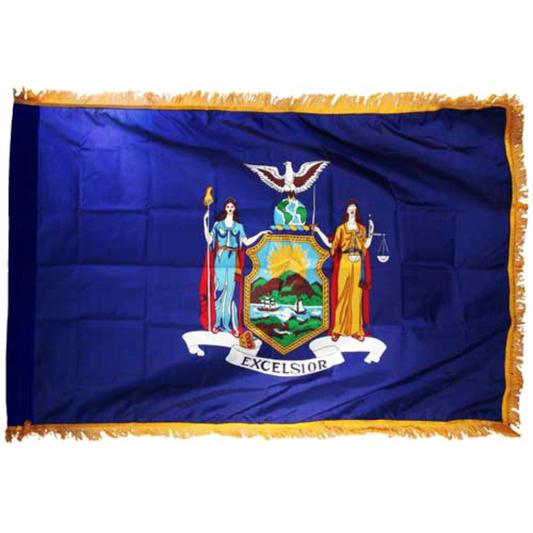 State of New York flag with a central emblem featuring two figures and the word 'Excelsior' on a blue background.