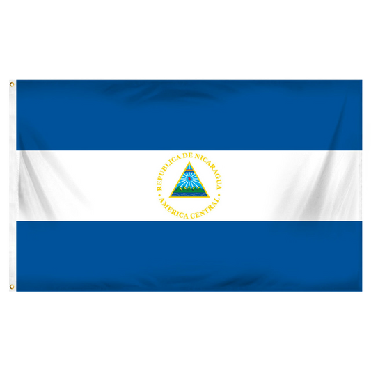 Flag of Nicaragua with blue and white stripes and a central emblem.