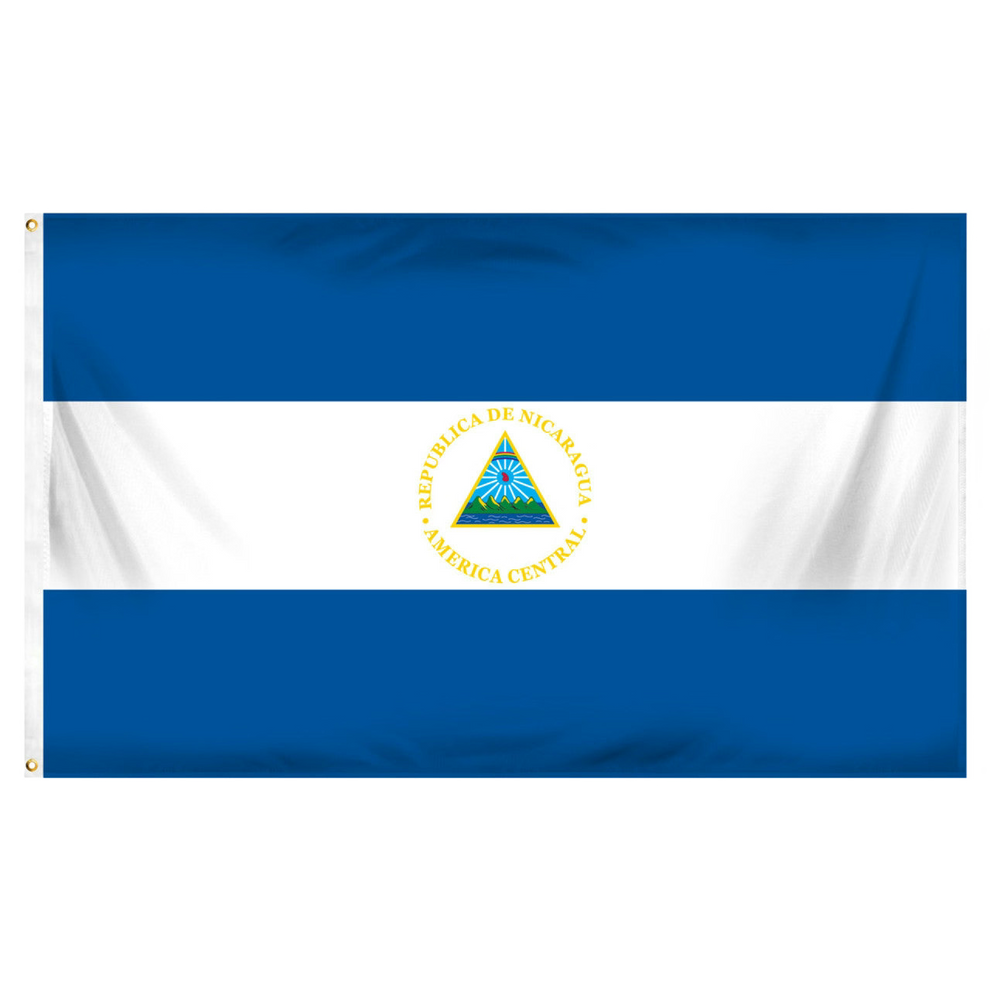 Flag of Nicaragua with blue and white stripes and a central emblem.