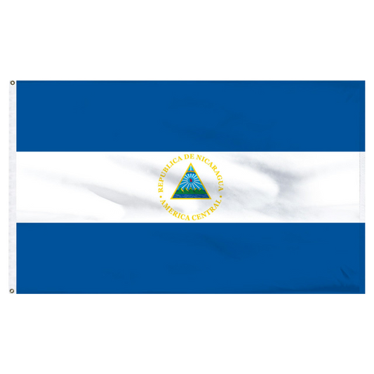 Flag of Nicaragua with blue and white stripes and a central emblem.