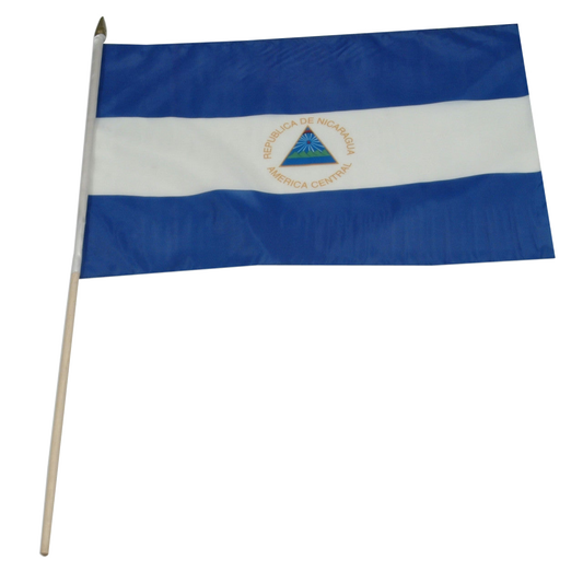 Flag of Nicaragua with blue and white stripes and a central emblem.