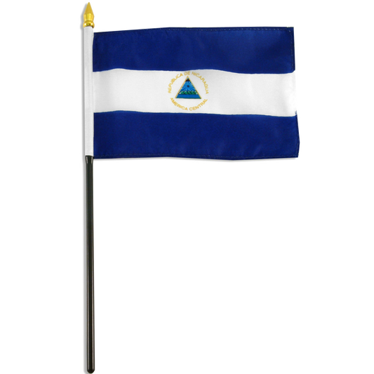 Flag of Nicaragua with blue and white stripes and a central emblem.