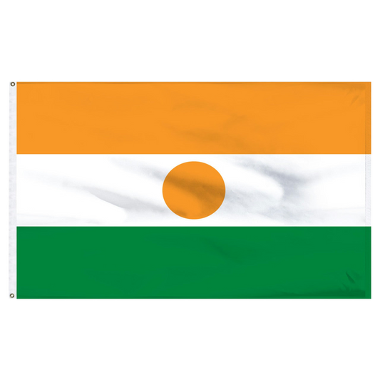 Nigerian flag with orange, white, and green horizontal stripes and an orange circle in the center on a white background