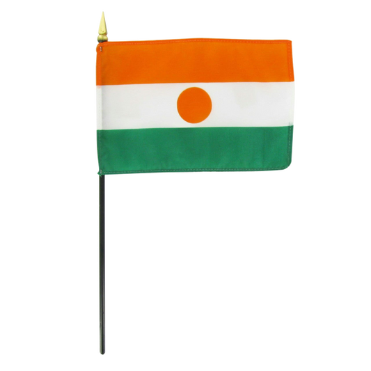 Flag of Niger with three horizontal stripes: orange, white, and green.  Features an orange circle in the middle.