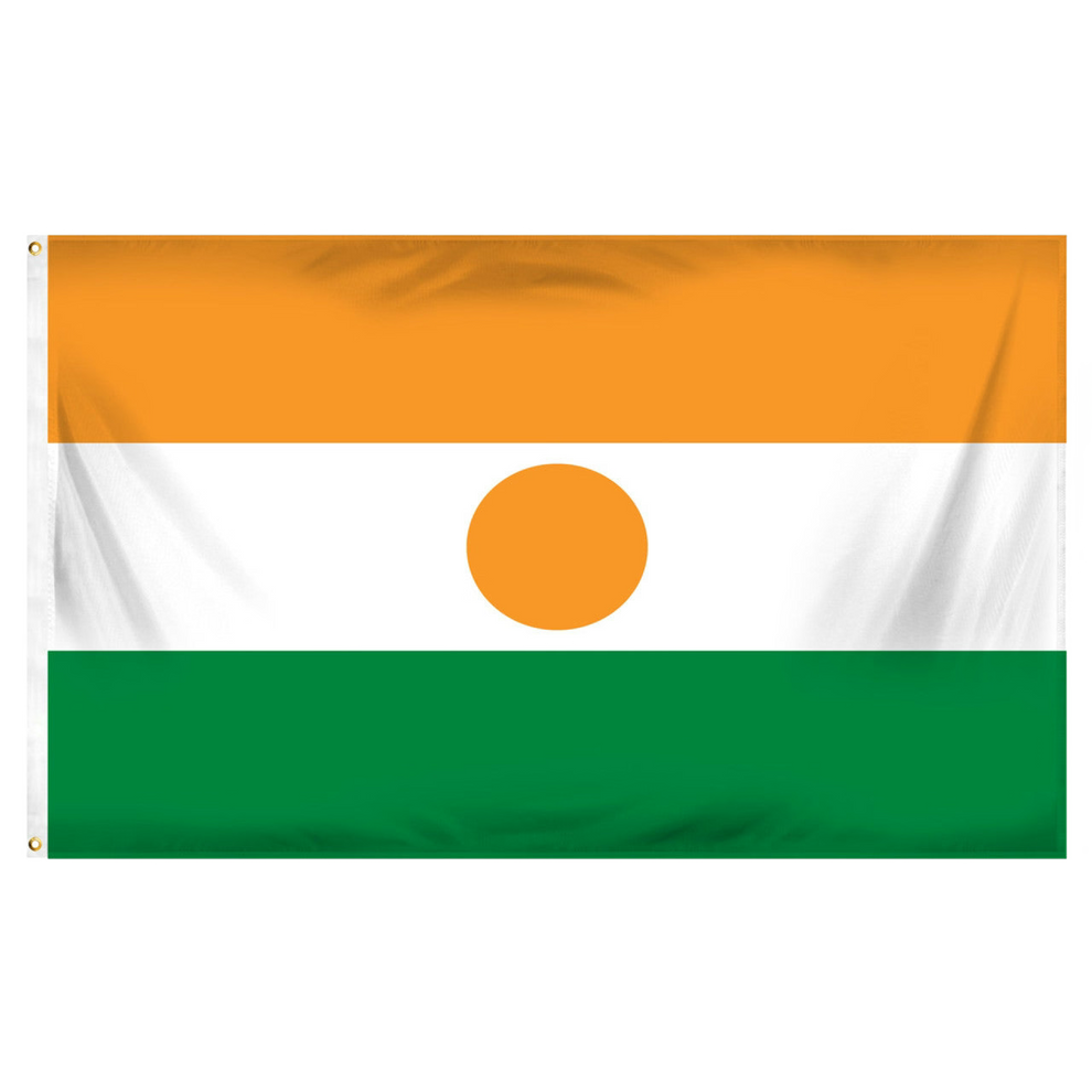 Flag of Niger with three horizontal stripes: orange, white, and green.  Features an orange circle in the middle.