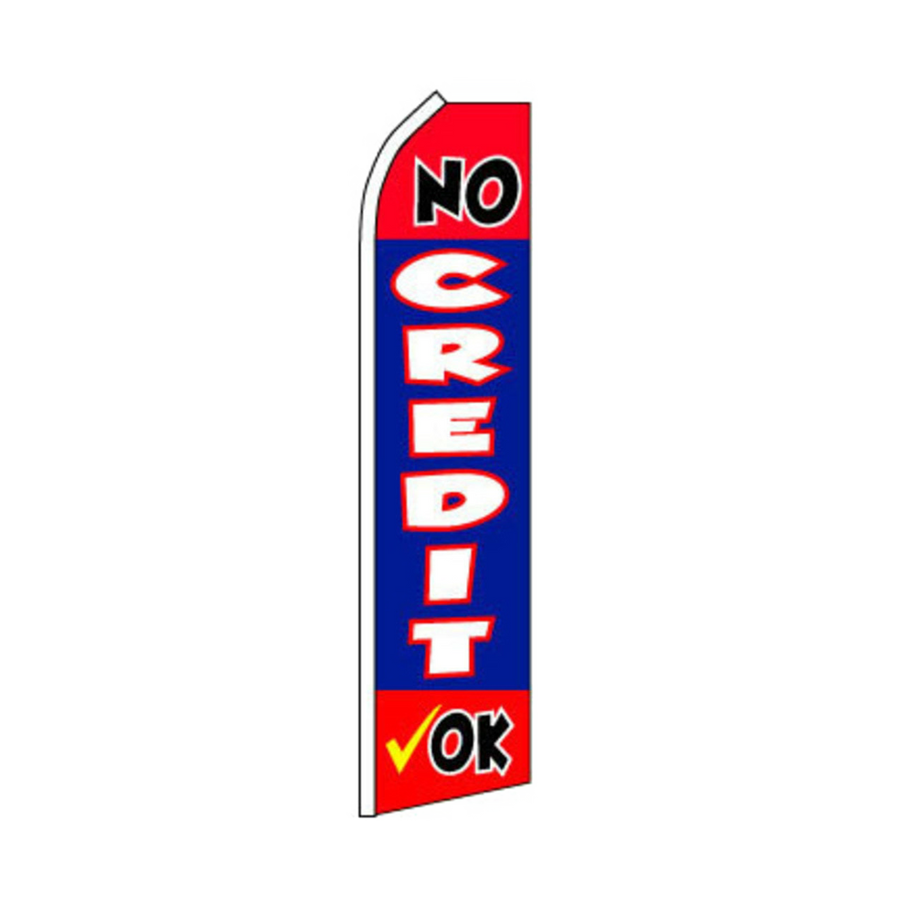 Swooper flag with 'No Credit OK' text on a white background