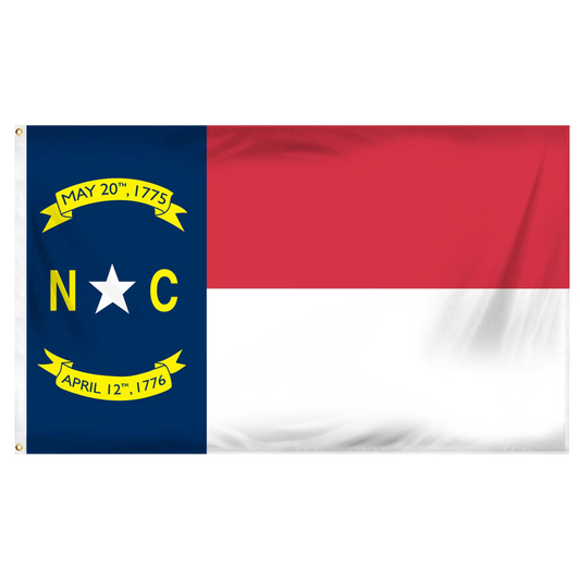 State of North Carolina flag with a vertical blue bar on the left and two horizontal bars on the right—a red bar on top and a white bar on the bottom. Centered on the blue bar is a gold five-pointed star flanked by the gold letters 'N' and 'C'. A gold scroll above the star reads 'MAY 20th 1775' and a gold scroll below the star reads 'APRIL 12th 1776'