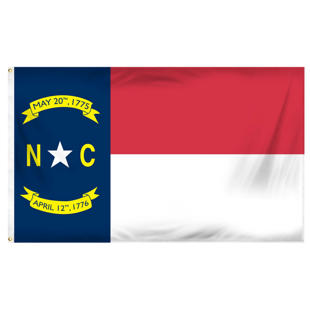 State of North Carolina flag featuring the blue, red, and white panels with the gold star, 'NC' initials, and historic dates.
