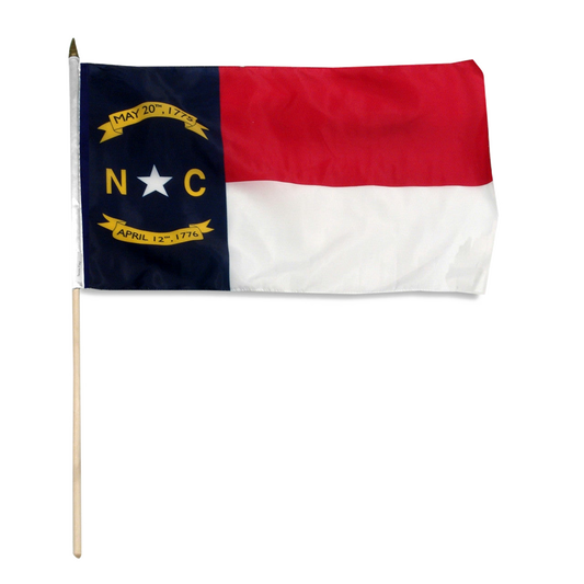 State of North Carolina stick flag featuring the blue, red, and white panels with the gold star, 'NC' initials, and historic dates.