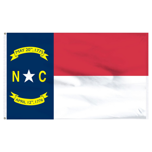 State of North Carolina flag featuring the blue, red, and white panels with the gold star, 'NC' initials, and historic dates.
