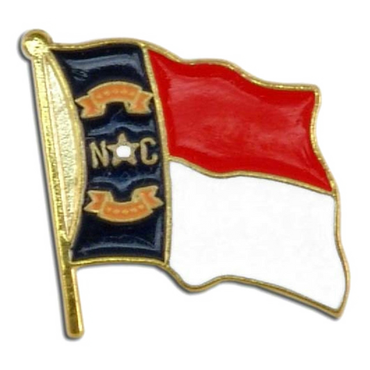 North Carolina flag-shaped badge with red, white, and blue colors on a white background