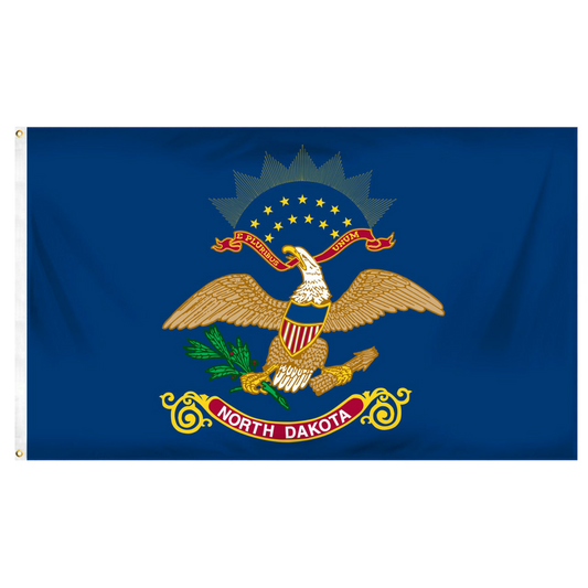 State of North Dakota flag featuring the full-color bald eagle emblem, the 'E Pluribus Unum' motto, and a red 'North Dakota' banner on a dark blue background.