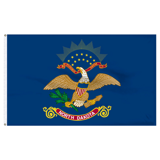 State of North Dakota flag featuring the full-color bald eagle emblem, the 'E Pluribus Unum' motto, and a red 'North Dakota' banner on a dark blue background.