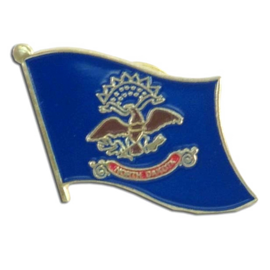 North Dakota blue flag-shaped badge with an eagle emblem on a white background