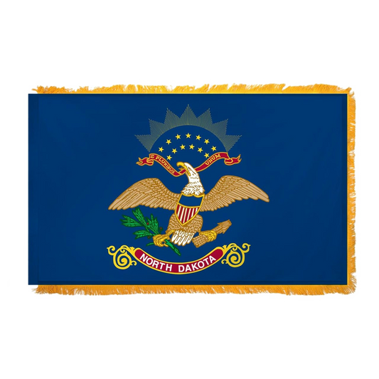 State of North Dakota flag featuring the full-color bald eagle emblem, the 'E Pluribus Unum' motto, and a red 'North Dakota' banner on a dark blue background.  This flag features yellow fringe.