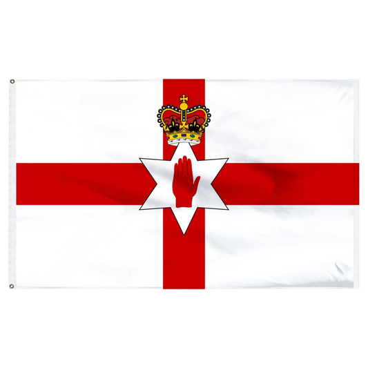 Northern Ireland flag with a white canvas, red cross, white star with red hand, and a crown