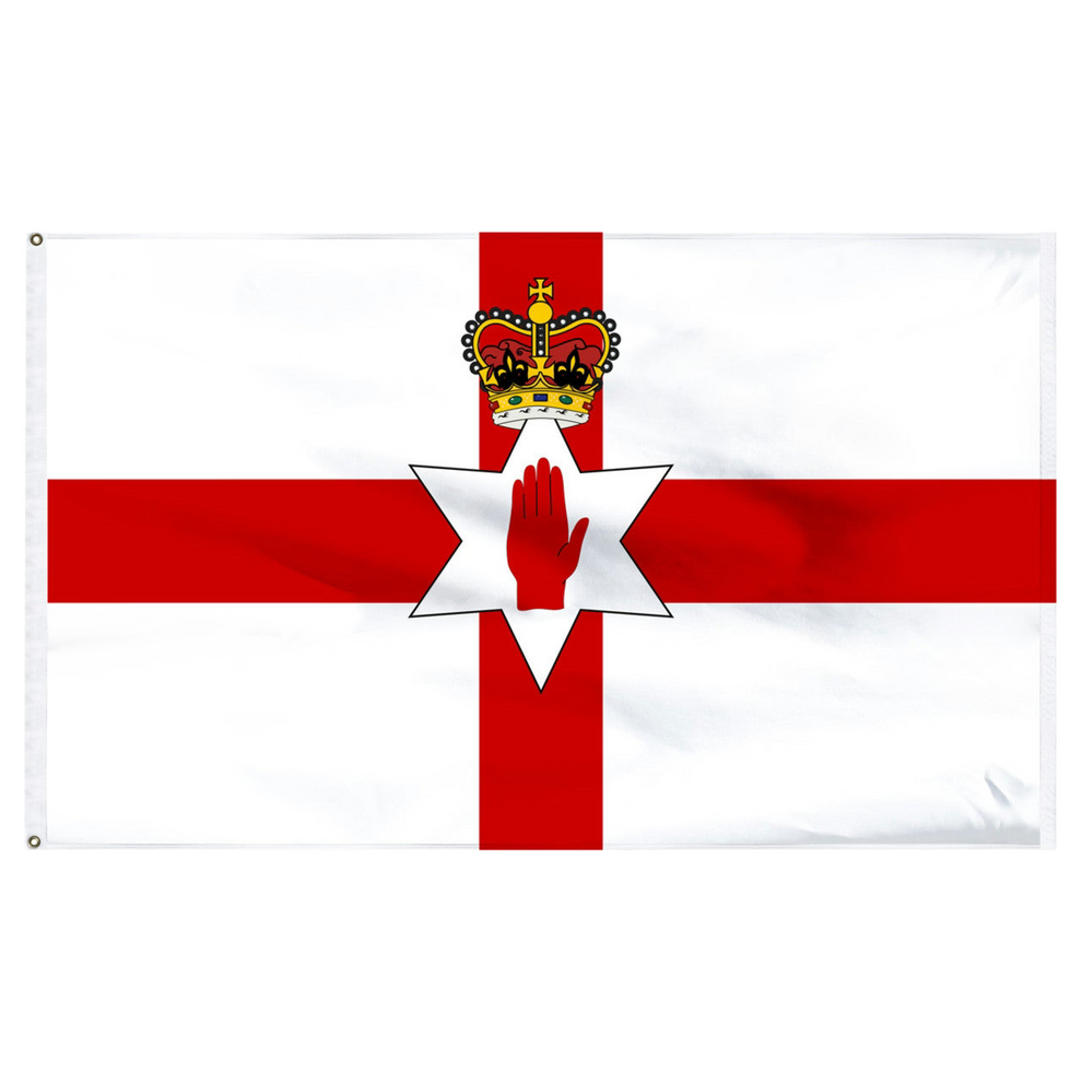Northern Ireland flag with a white canvas, red cross, white star with red hand, and a crown