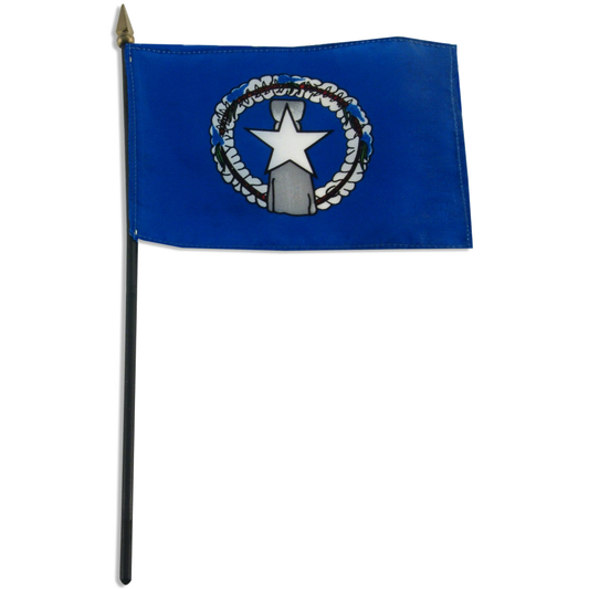 Small Northern Marianas flag with a blue background and a central emblem featuring a star and circular design on a white background.
