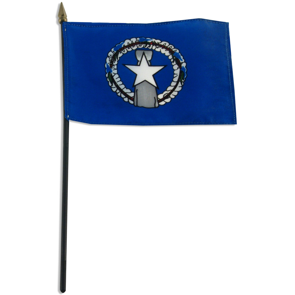 Small Northern Marianas flag with a blue background and a central emblem featuring a star and circular design on a white background.