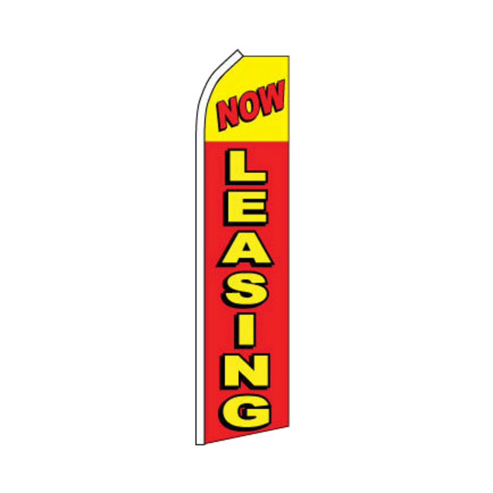 Red and yellow 'Now Leasing' flag on a white background