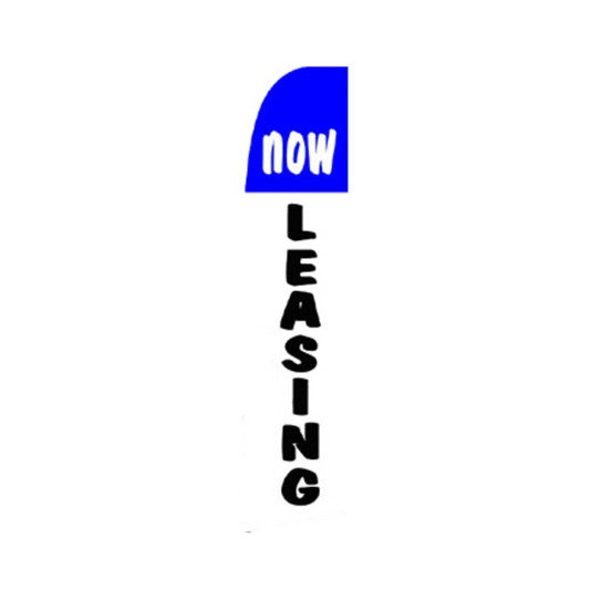 Now leasing sign with blue arrow and black text on a white background