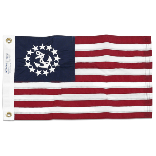 U.S. Yacht flag with a blue canton featuring a white anchor and stars, and red and white stripes on a white background.