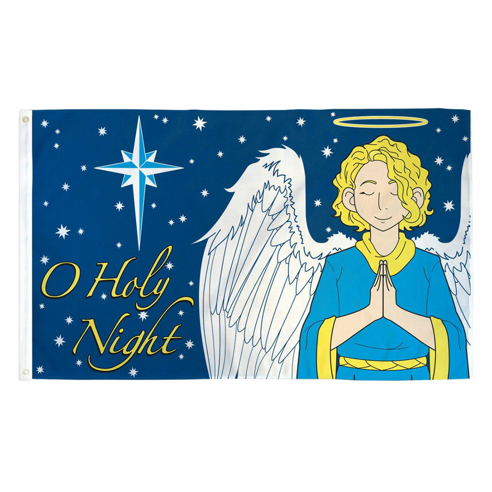 Flag with an angel, star, and 'O Holy Night' text on a blue background