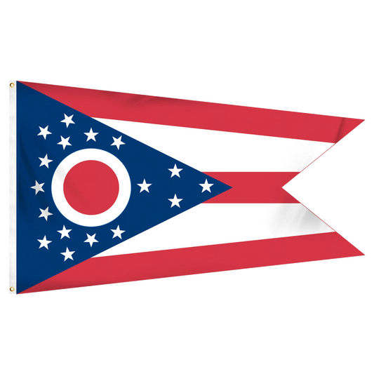State of Ohio flag featuring the iconic swallowtail shape, five red and white stripes, and a blue triangle with a red and white 'O' surrounded by 17 stars.