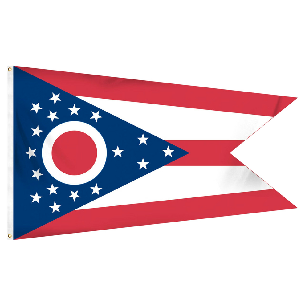 State of Ohio flag featuring the iconic swallowtail shape, five red and white stripes, and a blue triangle with a red and white 'O' surrounded by 17 stars.