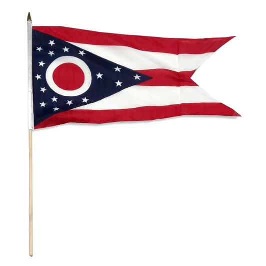 State of Ohio stick flag featuring the iconic swallowtail shape, five red and white stripes, and a blue triangle with a red and white 'O' surrounded by 17 stars.