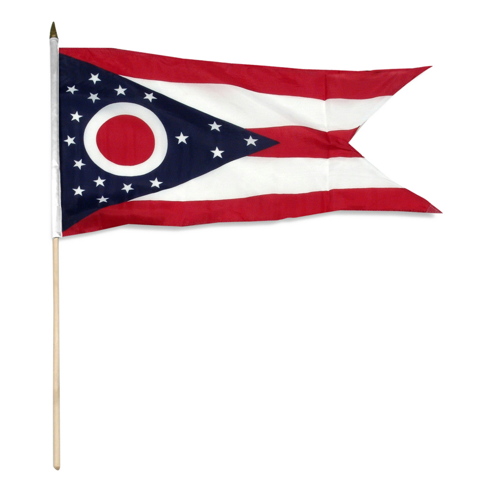 State of Ohio stick flag featuring the iconic swallowtail shape, five red and white stripes, and a blue triangle with a red and white 'O' surrounded by 17 stars.