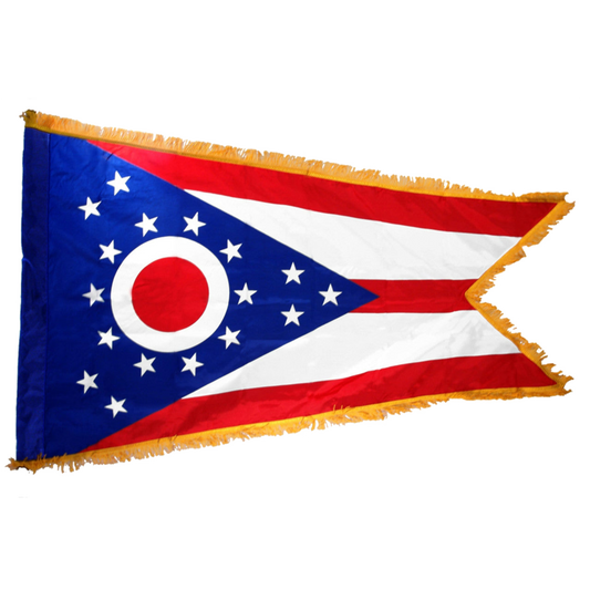 State flag of Ohio with a blue, red, and white design on a white background