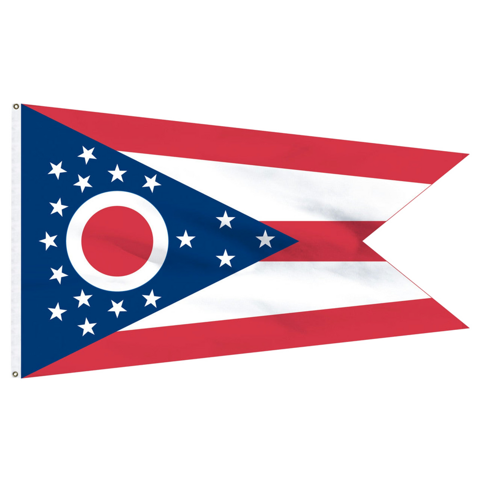 State of Ohio flag featuring the iconic swallowtail shape, five red and white stripes, and a blue triangle with a red and white 'O' surrounded by 17 stars.