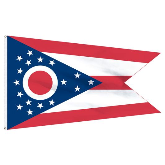 State of Ohio flag featuring the iconic swallowtail shape, five red and white stripes, and a blue triangle with a red and white 'O' surrounded by 17 stars.