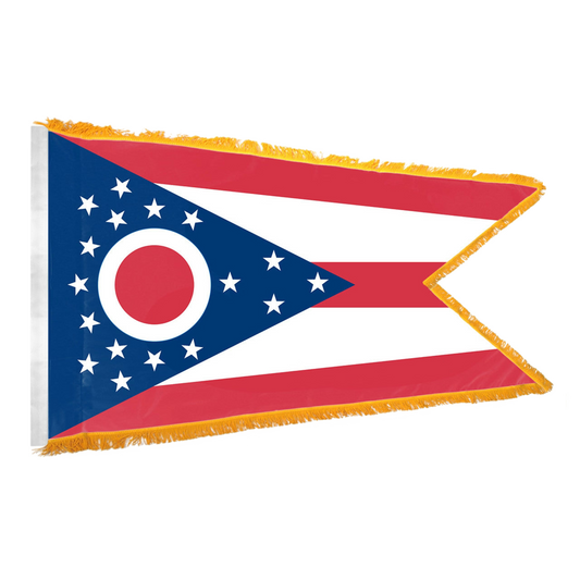 State of Ohio flag featuring the iconic swallowtail shape, five red and white stripes, and a blue triangle with a red and white 'O' surrounded by 17 stars.  This flag features fringe.