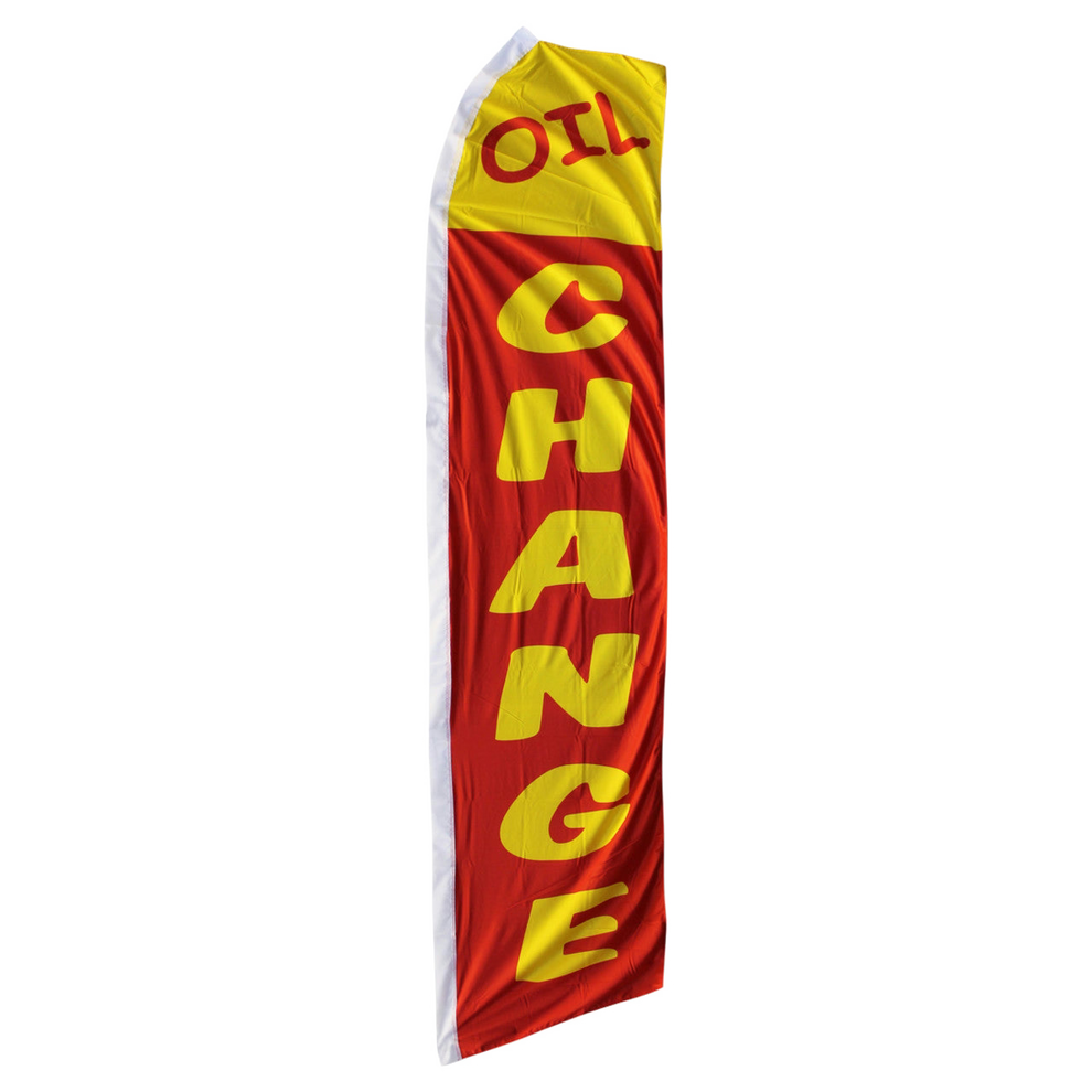 Red and yellow flag with 'OIL CHANGE' text on a white background