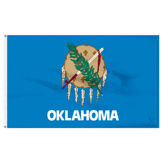 State of Oklahoma flag featuring the traditional buffalo-skin shield, peace pipe, olive branch, and white 'Oklahoma' text on a vibrant sky-blue field.