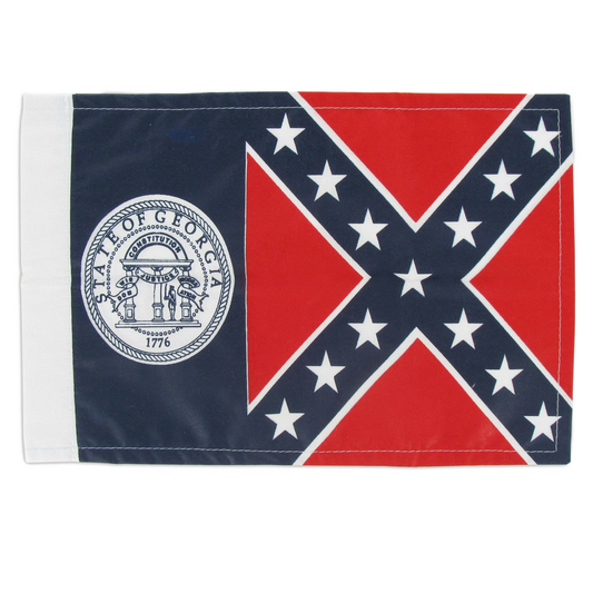 State of Georgie flag with Confederate Dixie cross emblem and Georgia state seal on a white background