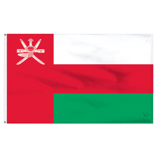 Flag of Oman with red, white, and green colors on a white background