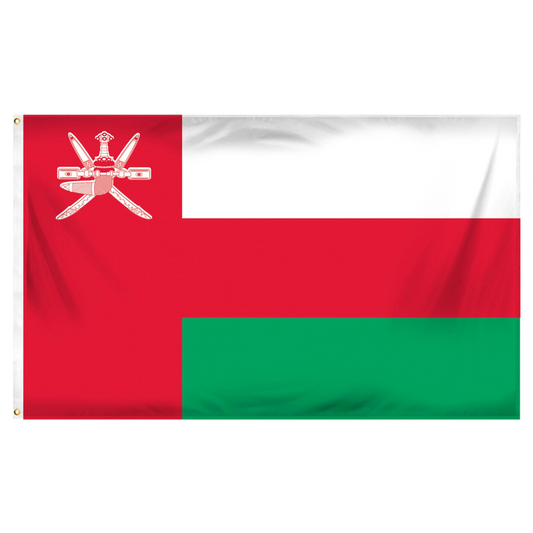 Flag of Oman with red, white, and green colors on a white background