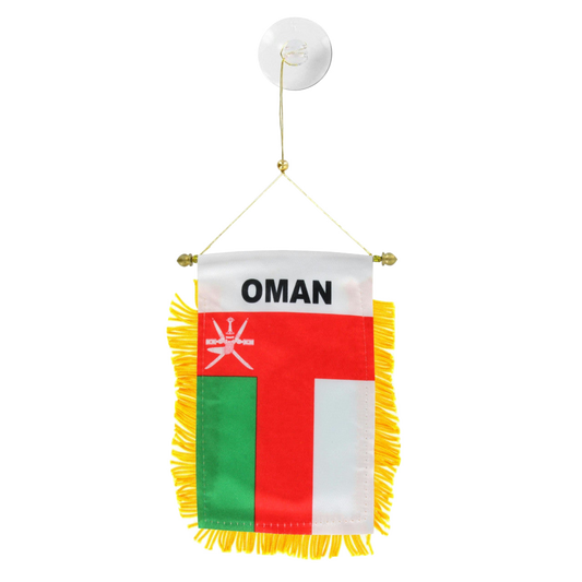 Mini window banner flag of Oman with red, white, and green colors on a white background.  Oman is written on the top and yellow fringe surrounds the flag.