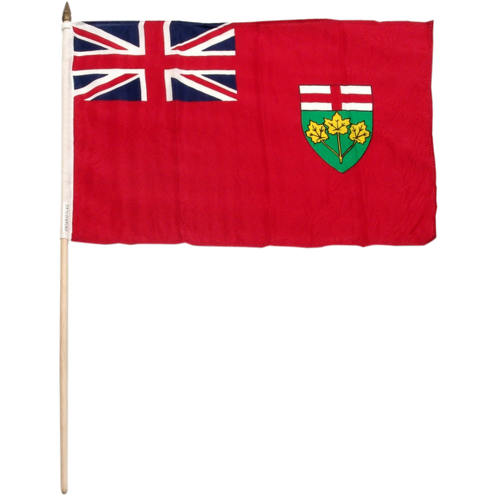 Ontario red flag with Union Jack and coat of arms on a white background